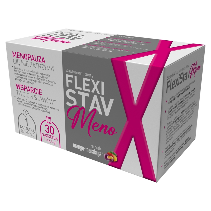 FlexiStav Meno, proszek o smaku mango-marakuja ze składnikami wspomagającymi podczas menopauzy, 30 szt.