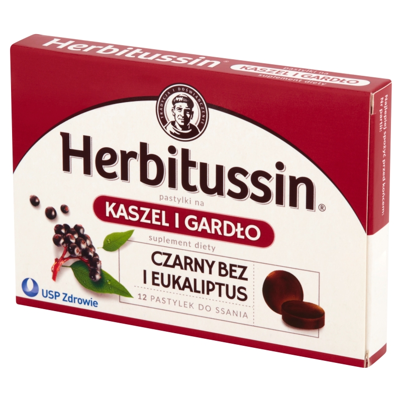 Herbitussin , pastylki do ssania ze składnikami wspomagającymi w bólu gardła i kaszlu, 12 szt.