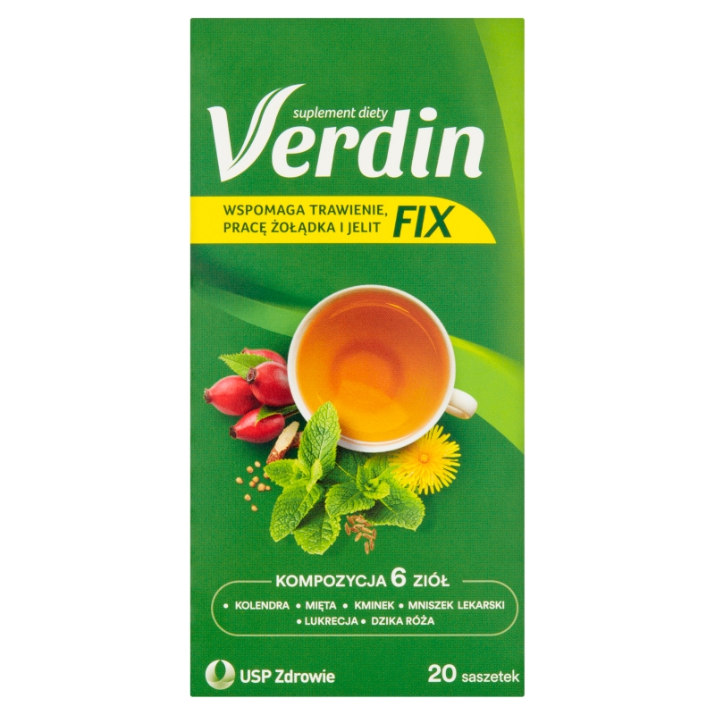 Verdin fix, herbata ze składnikami wspierającymi trawienie i prawidłową pracę jelit, żołądka, 20 sasz.