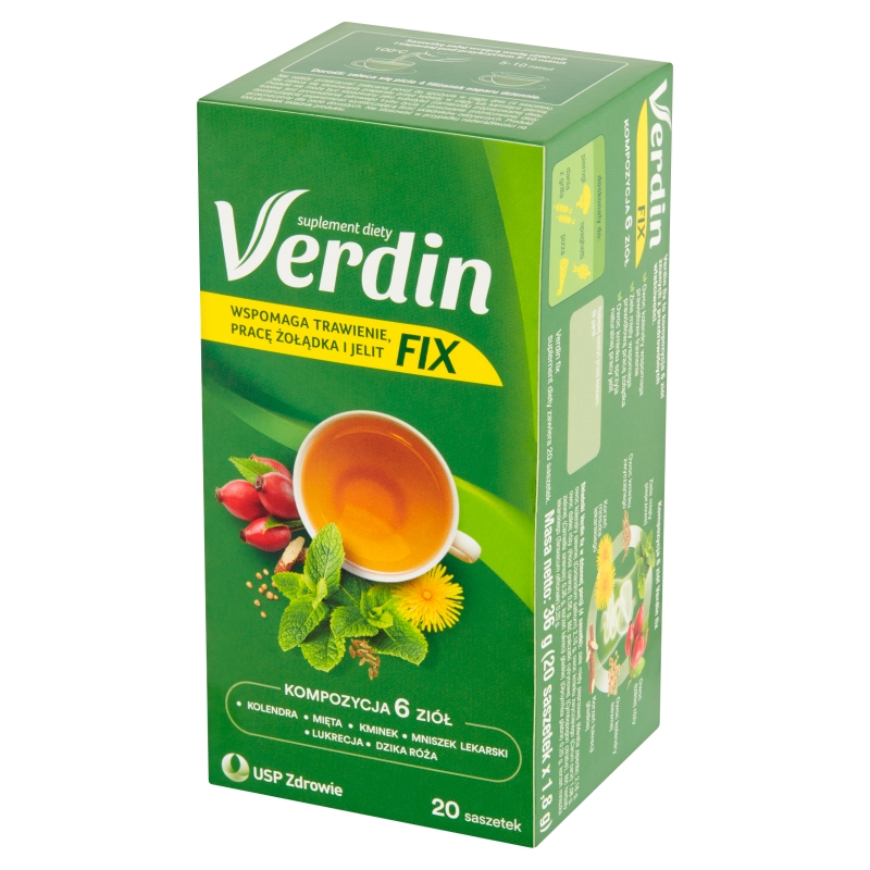 Verdin fix, herbata ze składnikami wspierającymi trawienie i prawidłową pracę jelit, żołądka, 20 sasz.