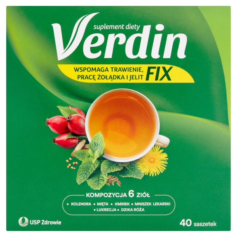 Verdin fix, herbata ze składnikami wspierającymi trawienie i prawidłową pracę jelit, żołądka, 40 sasz.