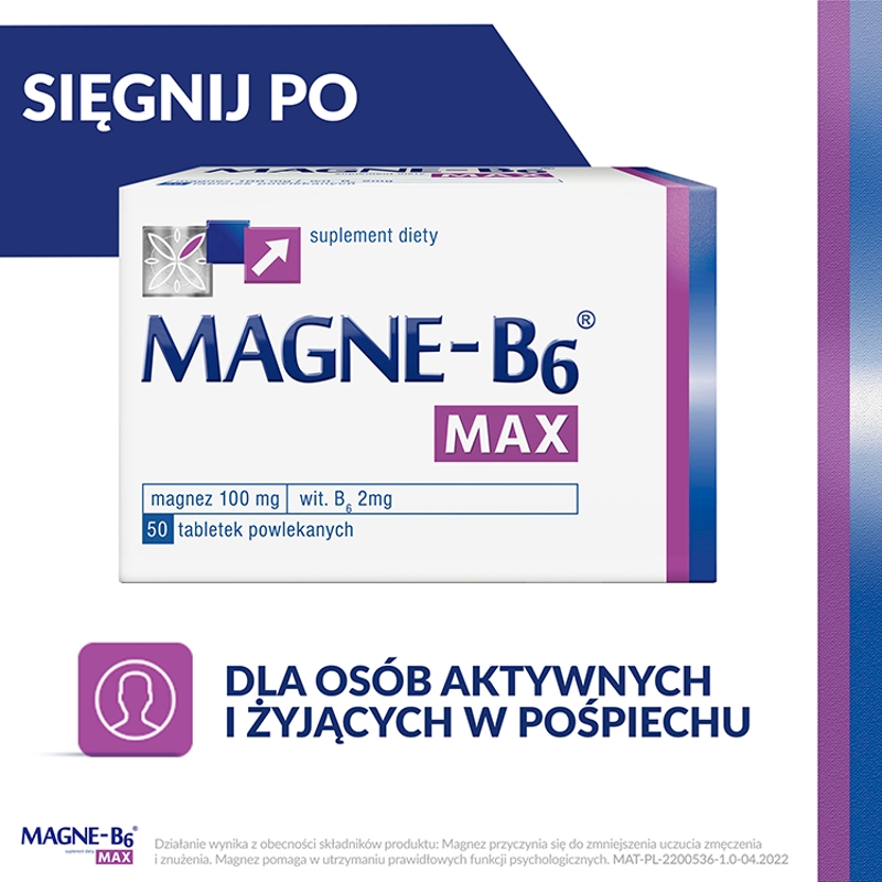Magne B6 Max, tabletki ze składnikami redukującymi uczucie zmęczenia, 50 szt.