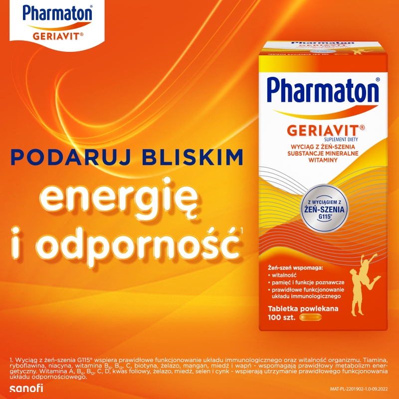 Pharmaton Geriavit, tabletki z wyciągiem z żeń-szenia wspierającymwitalność i pamięć, 100 szt.