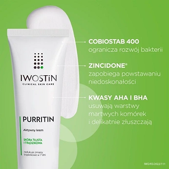 Iwostin Purritin, krem aktywny na dzień eliminujący niedoskonałości, 40 ml
