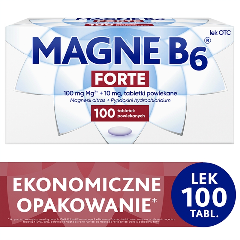 Magne B6 Forte, tabletki uzupełniające niedobory magnezu i witaminy B6 w organizmie, 100 szt.