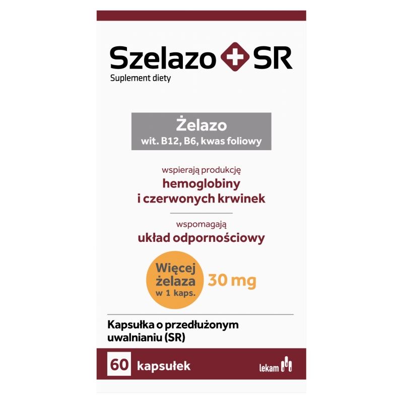 Szelazo+ SR, kapsułki o przedłużonym uwalnianiu ze składnikami uzupełniającymi dietę w żelazo, 60 szt.