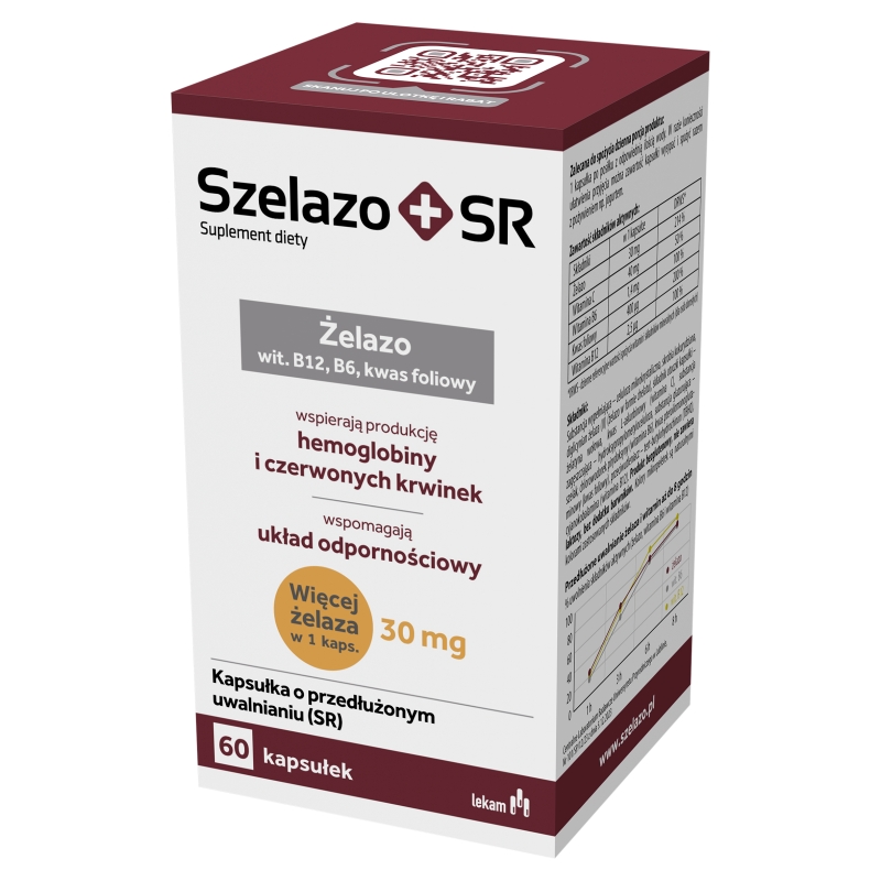 Szelazo+ SR, kapsułki o przedłużonym uwalnianiu ze składnikami uzupełniającymi dietę w żelazo, 60 szt.