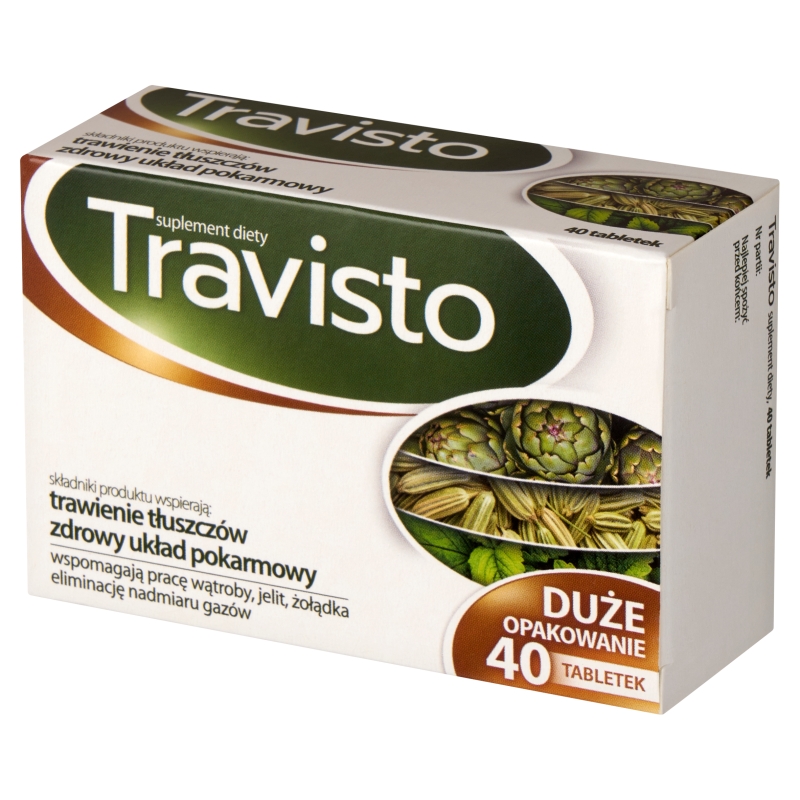Travisto, tabletki ze składnikami wspomagającymi trawienie, pracę wątroby, 30 + 10 szt. gratis
