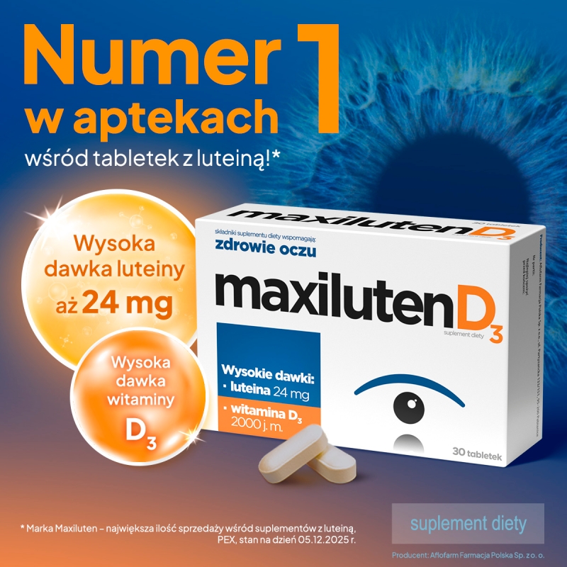Maxiluten D3, tabletki ze składnikami wspierającymi zdrowie oczu i utrzymanie prawidłowej ostrości widzenia z witaminą D3,  30 szt.