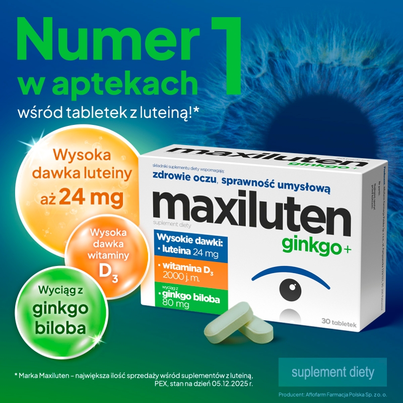 Maxiluten ginkgo+, tabletki ze składnikami wspierającymi oczyi sprawność umysłową, 30 szt.