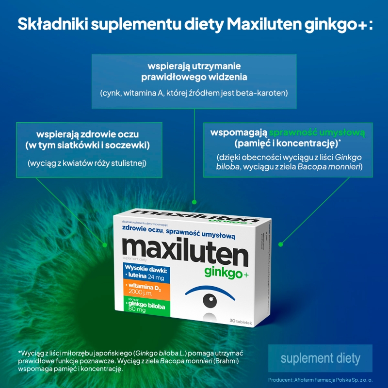 Maxiluten ginkgo+, tabletki ze składnikami wspierającymi oczyi sprawność umysłową, 30 szt.