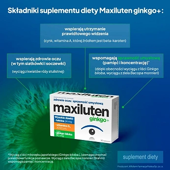 Maxiluten ginkgo+, tabletki ze składnikami wspierającymi oczyi sprawność umysłową, 30 szt.