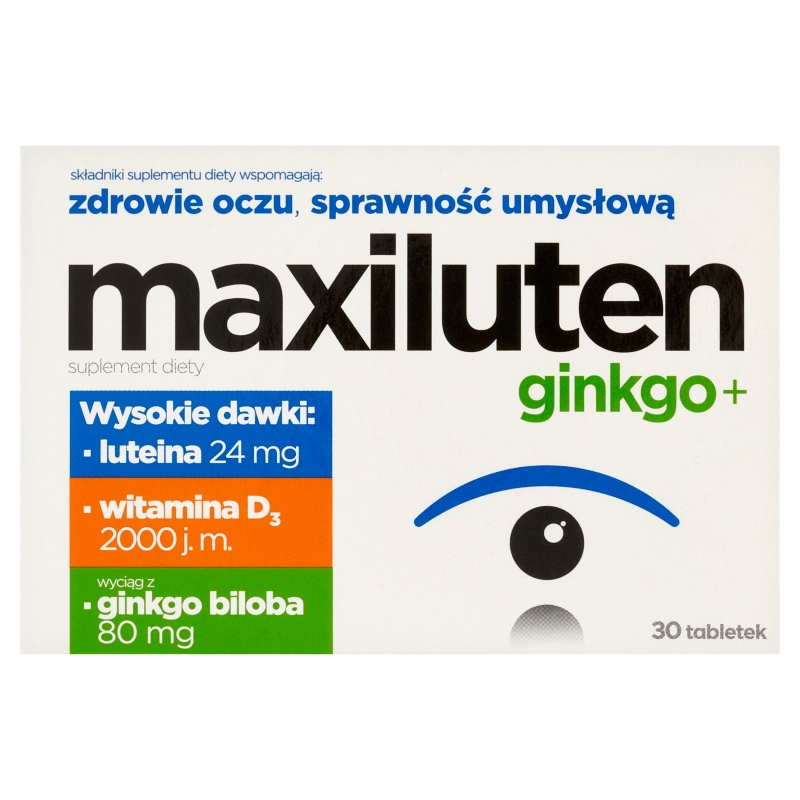 Maxiluten ginkgo+ tabletki ze składnikami wspierającymi oczyi sprawność umysłową, 30 szt.