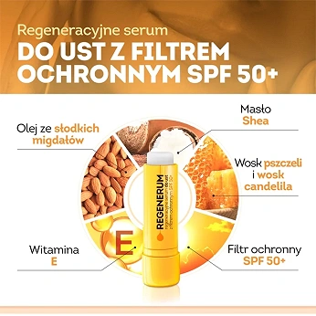 Regenerum Regeneracyjne Serum, Pomadka do ust z filtrem ochronnym SPF 50+, 5 g