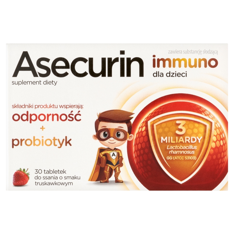 Asecurin,  tabletek do ssania dla dzieci ze składnikami wspomagającymi odporność z probiotykiem,  30 szt.