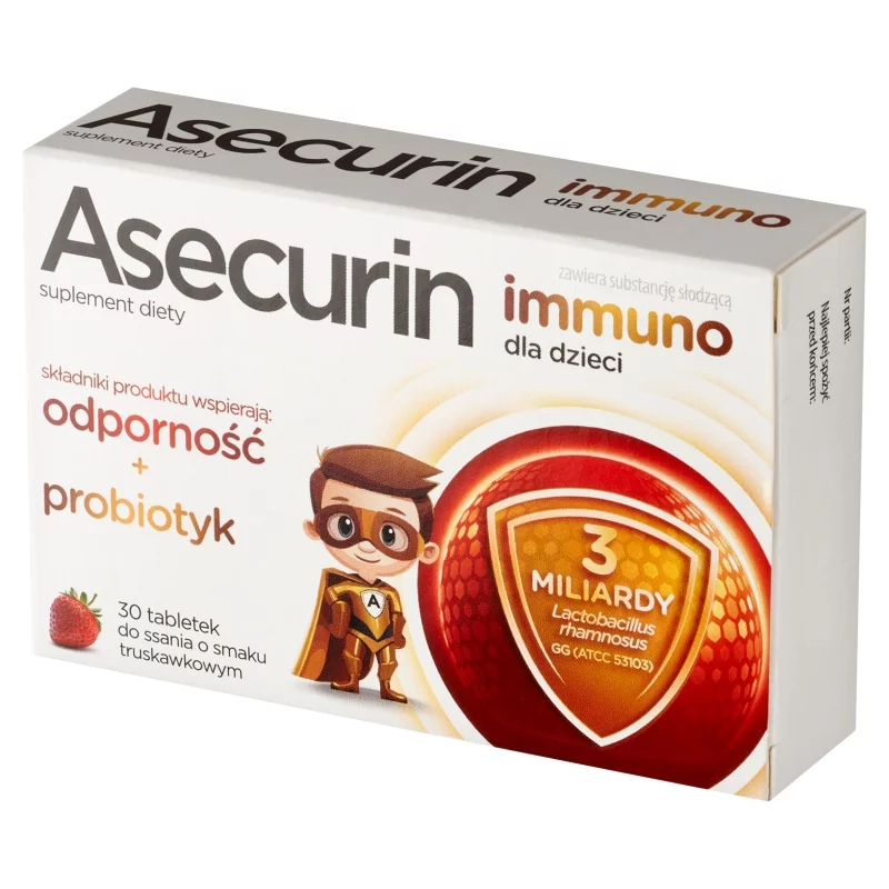 Asecurin,  tabletek do ssania dla dzieci ze składnikami wspomagającymi odporność z probiotykiem,  30 szt.