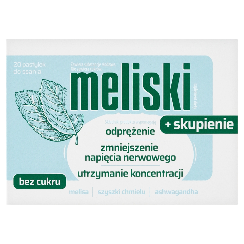 Meliski + Skupienie pastylki do ssania ze składnikami wspomagającymi redukcje stresu i poprawę koncentracji, 20 szt.