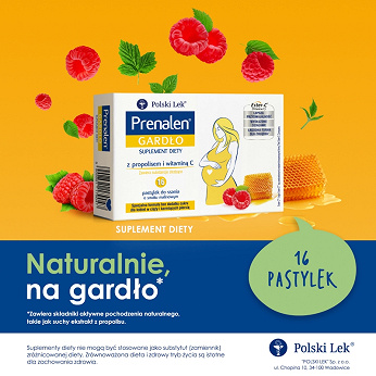Prenalen Gardło, pastylki ze składnikami wspomagającymi w stanach zaplanych gardła dla kobiet w ciąży i matek karmiących, 16 szt.