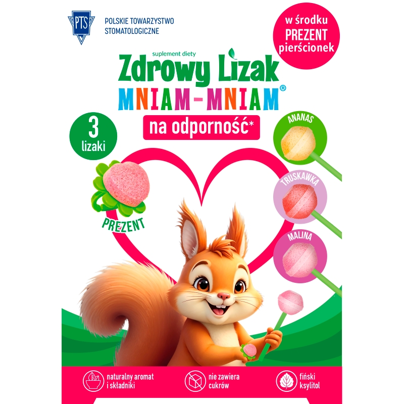 Zdrowy Lizak Mniam-Mniam wzbogacony o witaminę C i D o smaku ananasowym, malinowym i truskawkowym, 3 szt. + prezent