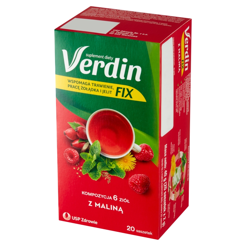 Verdin FIX z Maliną, zioła do zaparzania ze składnikami wspomagającymi trawienie, 20 szt.