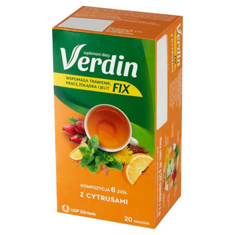 Verdin FIX z Cytrusami , zioła do zaparzania ze składnikami wspierającymi pracę jelit i żołądka, 20 szt.