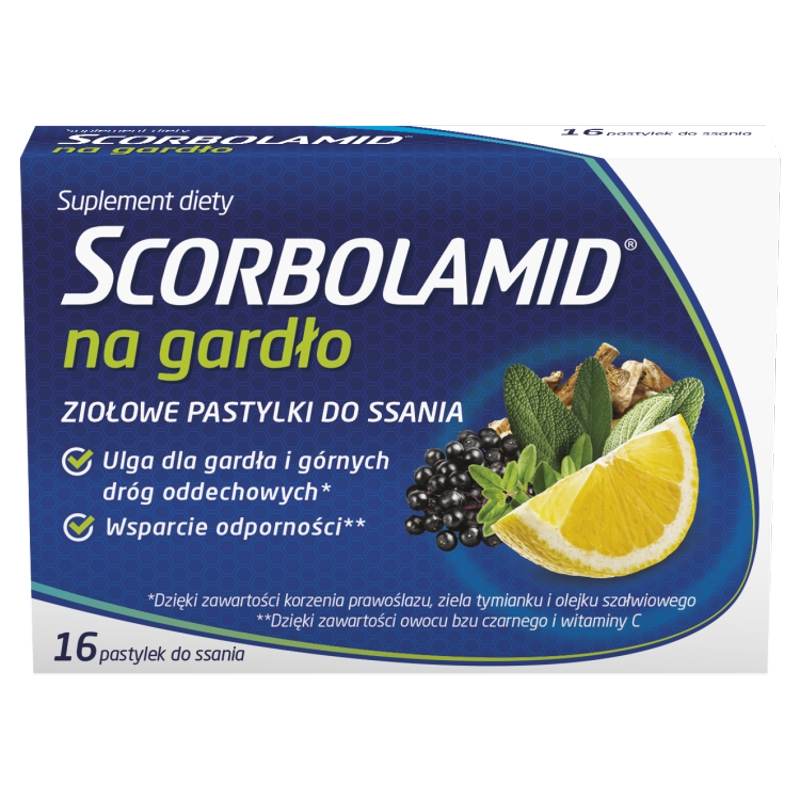 Scorbolamid Na Gardło, tabletki do ssania ze składnikami łagodzącymi objawy podrażnienia gardła, 16 szt.