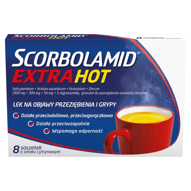 Scorbolamid Extra Hot, proszek na objawy przeziębienia i grypy o smaku cytrynowym, 8 szt.