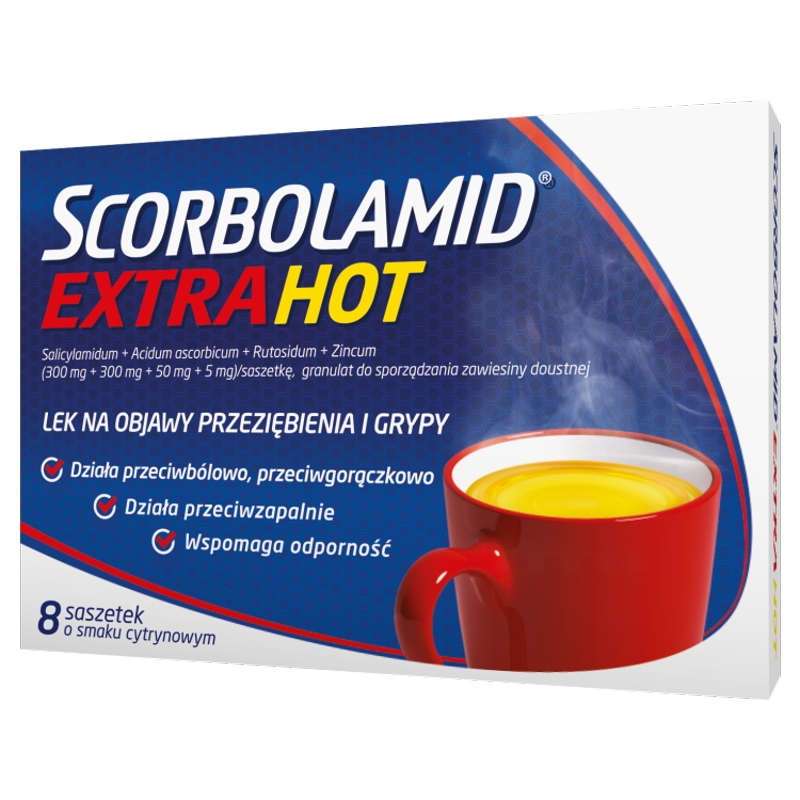 Scorbolamid Extra Hot, proszek na objawy przeziębienia i grypy o smaku cytrynowym, 8 szt.