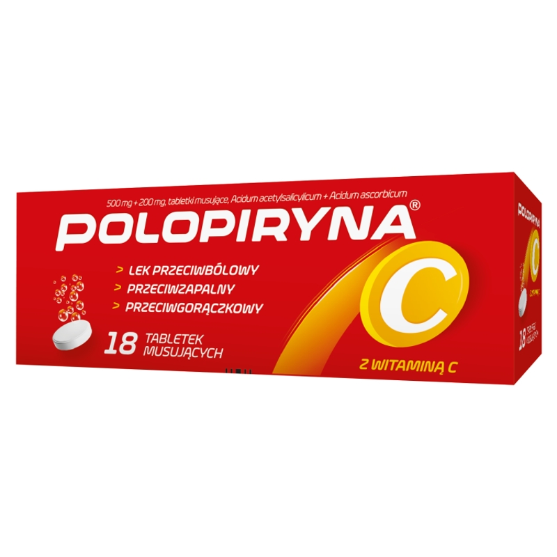 Polopiryna C 500 mg + 200 mg tabletki musujące przeciwbólowe, przeciwzapalne, przeciwgorączkowe, 18 szt.