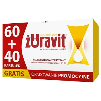 Żuravit, kapsułki ze składnikami wspierającymi prawidłowe funkcjonowanie układu moczowego, 60 szt.+ 40 szt. gratis