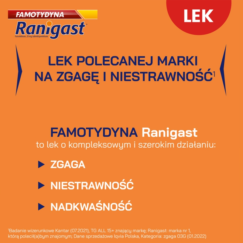 Famotydyna Ranigast , tabletki na zgagę i niestrawność, 20 szt.