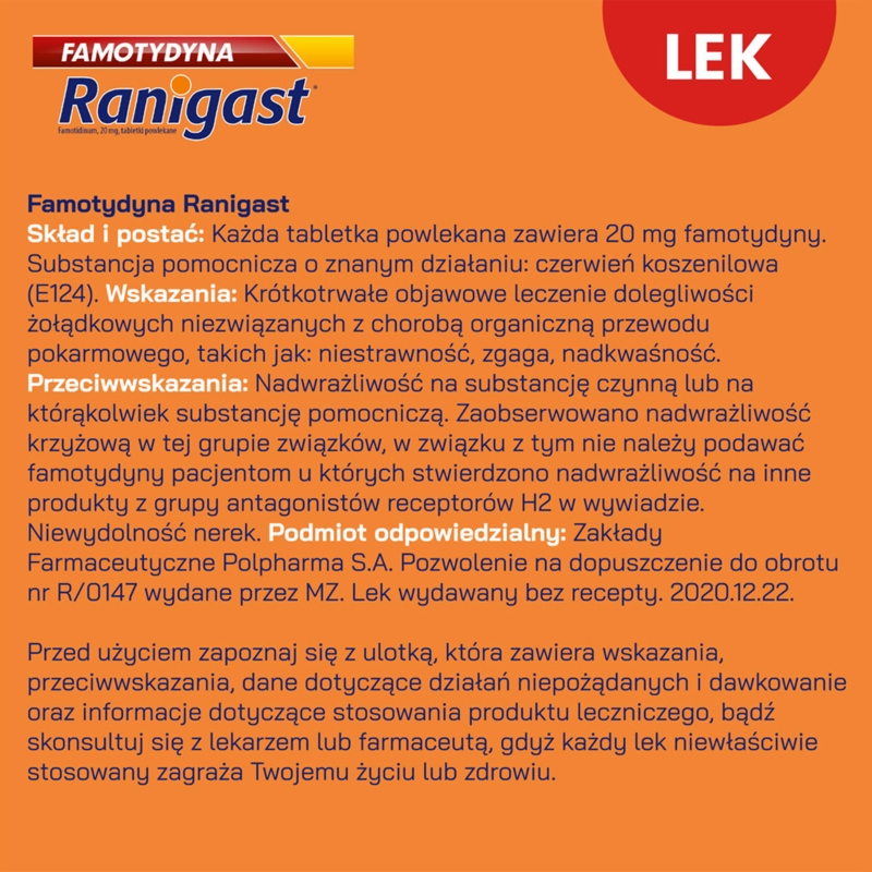 Famotydyna Ranigast , tabletki na zgagę i niestrawność, 20 szt.