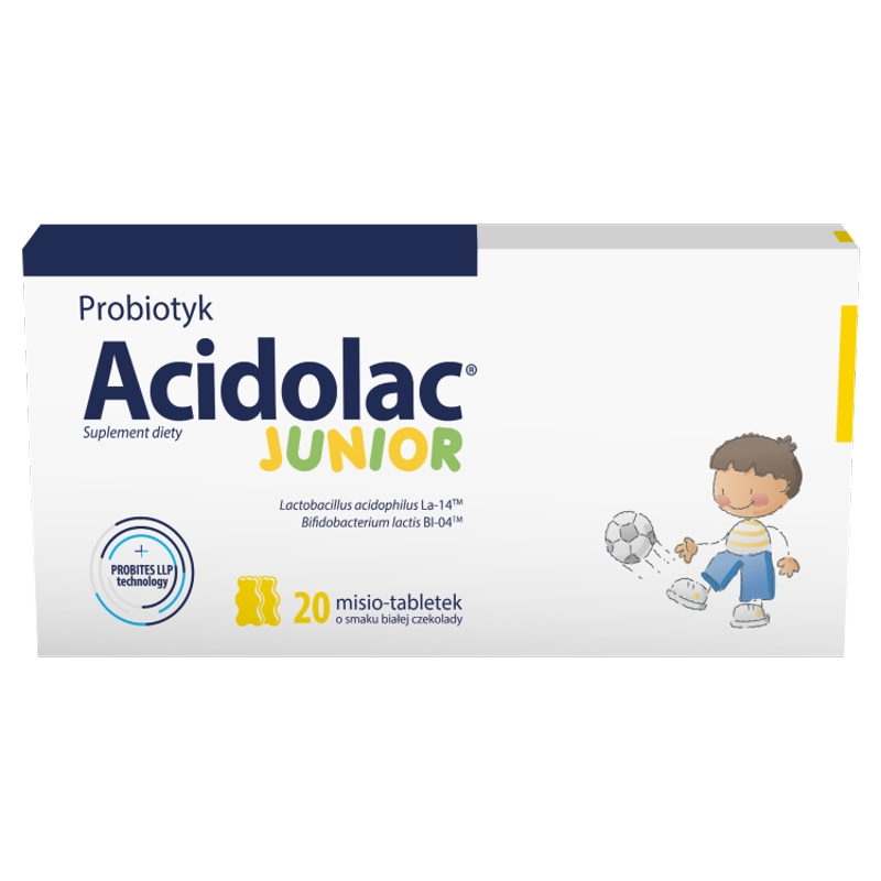 Acidolac Junior, tabletki o smaku białej czekolady ze składnikami wspierającymi odporność u dzieci, 20 szt.