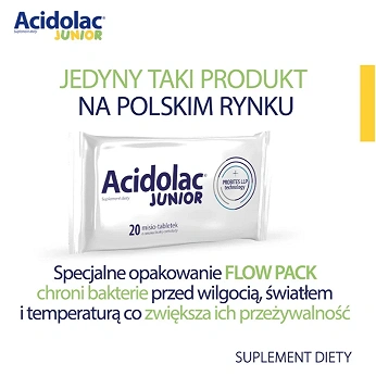 Acidolac Junior, tabletki o smaku białej czekolady ze składnikami wspierającymi odporność u dzieci, 20 szt.