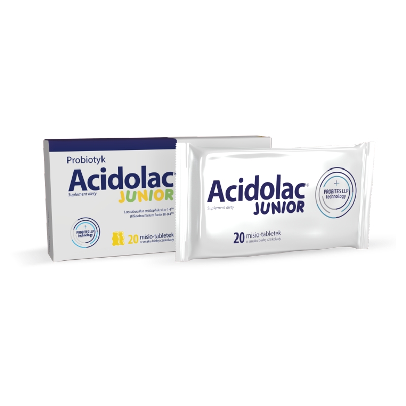 Acidolac Junior, tabletki o smaku białej czekolady ze składnikami wspierającymi odporność u dzieci, 20 szt.