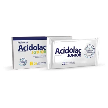 Acidolac Junior, tabletki o smaku białej czekolady ze składnikami wspierającymi odporność u dzieci, 20 szt.