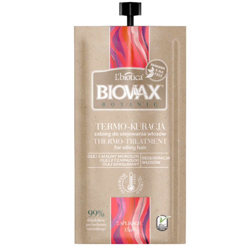 Biovax Botanic Termo-Kuracja, odżywka do olejowania włosów malina, czarnuszka, bawełna, 15 ml (2 aplikacje)