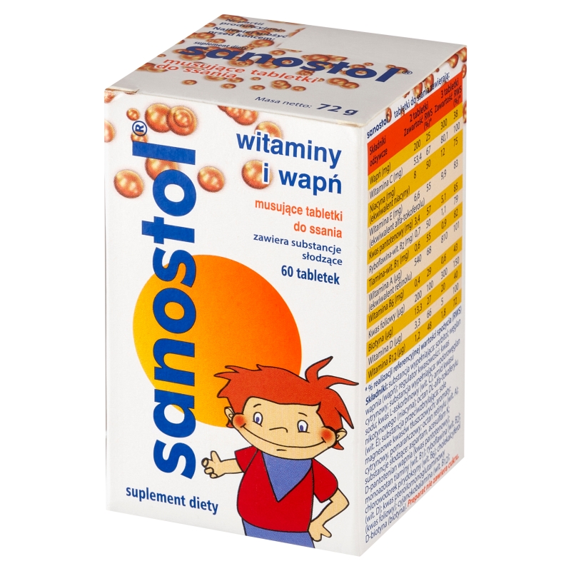 Sanostol, tabletki musujące do ssania dla dzieci i młodzieży z witaminami i wapniem, 60 szt.