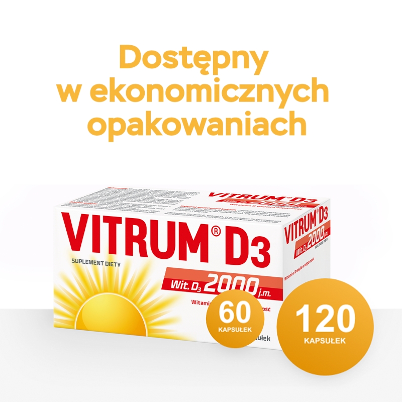 Vitrum D3 Forte 2000 j.m., kapsułki z witaminą D3 wspierającą odporność, 60 szt.
