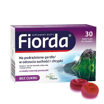 Fiorda, pastylki ze składnikami wspomagającymi w podrażnieniach gardła i krtani, o smaku czarnej porzeczki, 30 szt.