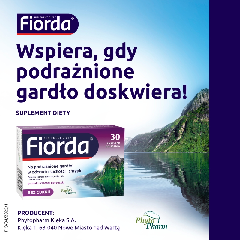 Fiorda, pastylki ze składnikami wspomagającymi w podrażnieniach gardła i krtani, o smaku czarnej porzeczki, 30 szt.