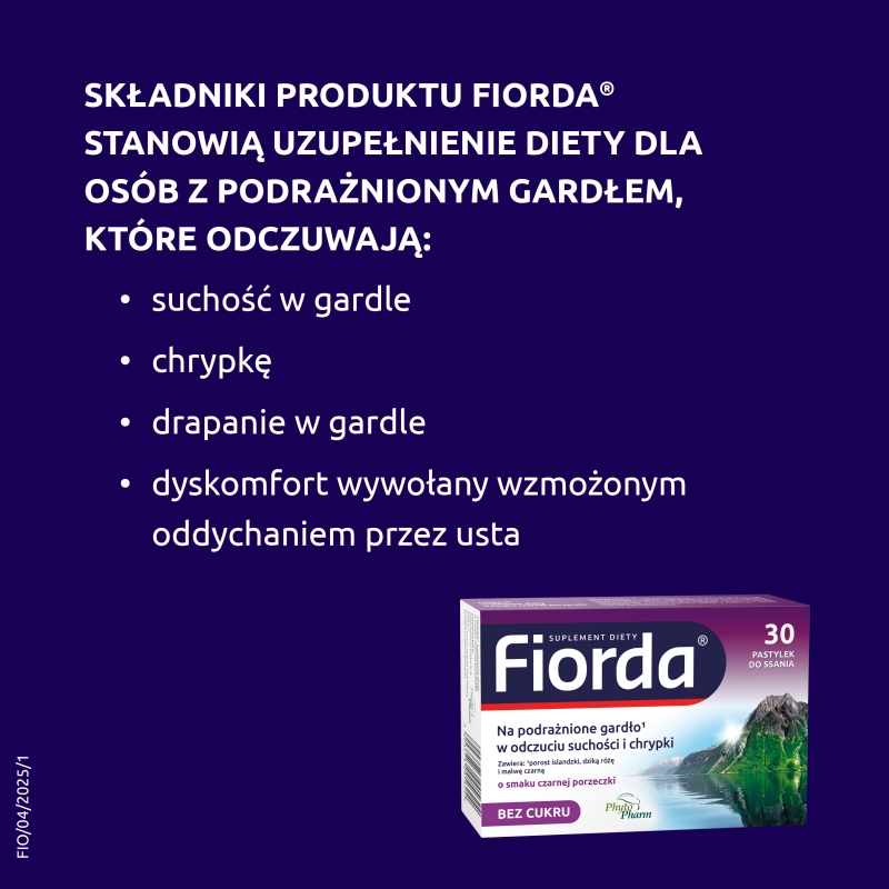 Fiorda, pastylki ze składnikami wspomagającymi w podrażnieniach gardła i krtani, o smaku czarnej porzeczki, 30 szt.