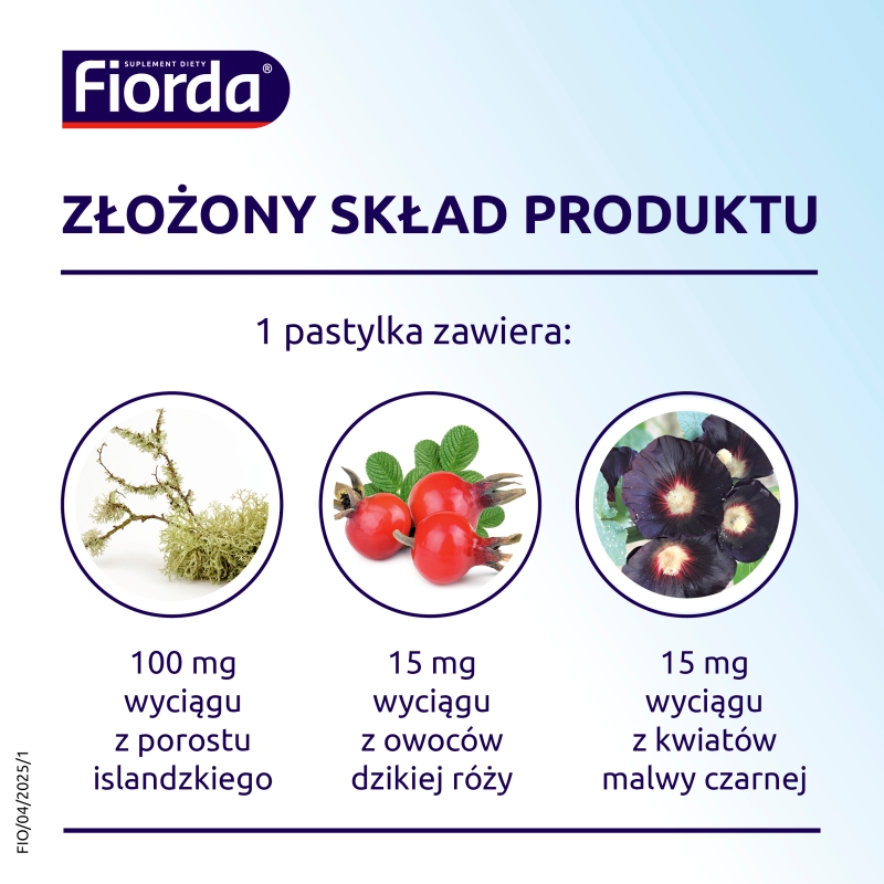 Fiorda, pastylki ze składnikami wspomagającymi w podrażnieniach gardła i krtani, o smaku czarnej porzeczki, 30 szt.
