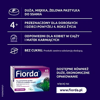 Fiorda, pastylki ze składnikami wspomagającymi w podrażnieniach gardła i krtani, o smaku czarnej porzeczki, 30 szt.