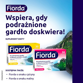 Fiorda, pastylki ze składnikami wspomagającymi w podrażnieniach gardła i krtani, o smaku czarnej porzeczki, 30 szt.