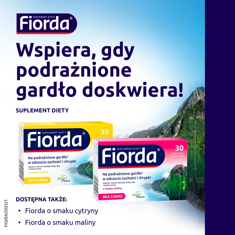 Fiorda, pastylki ze składnikami wspomagającymi w podrażnieniach gardła i krtani, o smaku czarnej porzeczki, 30 szt.