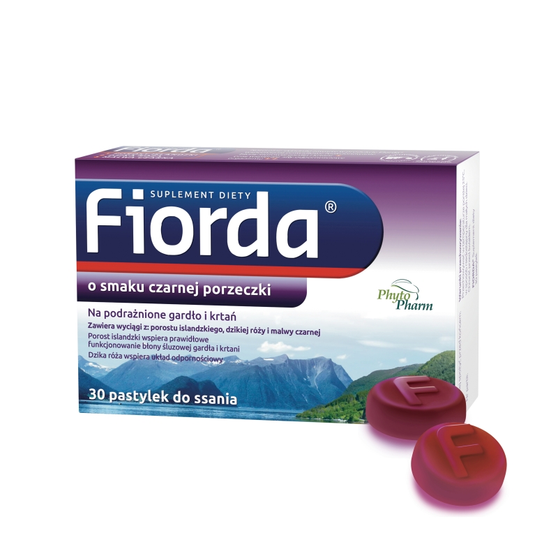 Fiorda, pastylki ze składnikami wspomagającymi w podrażnieniach gardła i krtani, o smaku czarnej porzeczki, 30 szt.