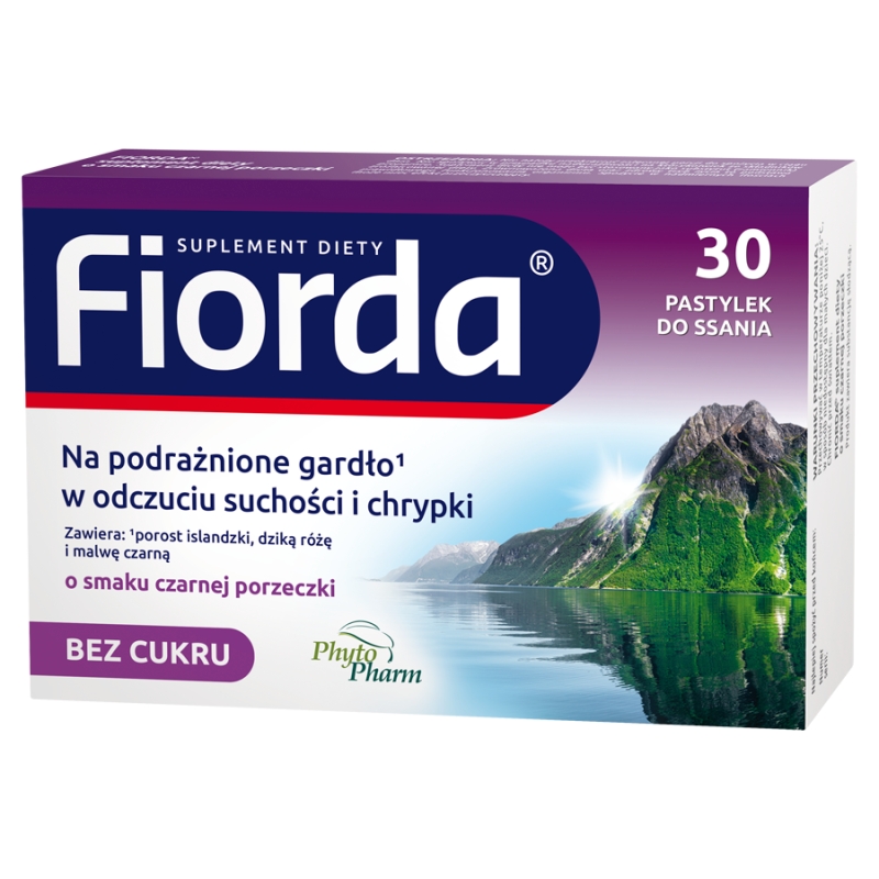 Fiorda pastylki ze składnikami wspomagającymi w podrażnieniach gardła i krtani, o smaku czarnej porzeczki, 30 szt.