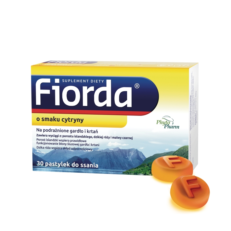 Fiorda, pastylki do ssania ze składnikami na podrażnione gardło i krtań o smaku cytryny, 30 szt.
