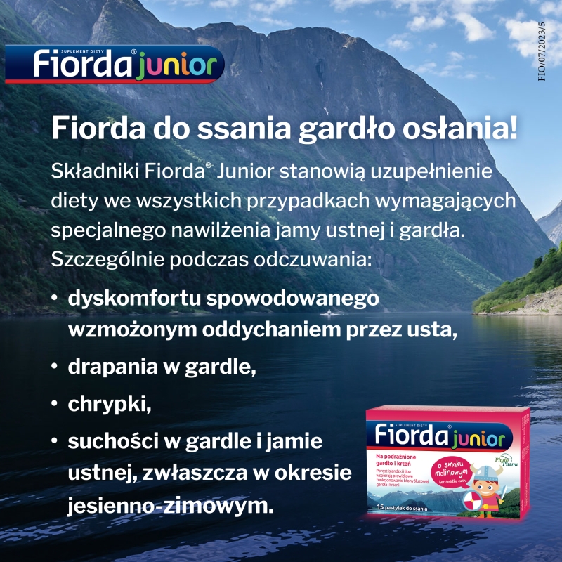 Fiorda Junior, pastylki ze składnikami wspomagającymi w podrażnieniach gardła i krtani dla dzieci o smaku malinowym, 15 szt.